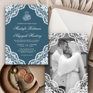 Invitation Dentelle blanche poussiéreux bleu mariage musulman