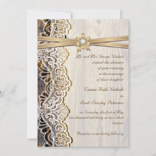 Invitation Dentelle blanche, ruban, fleur et mariage en bois