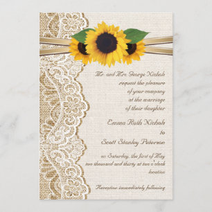 Invitation Dentelle blanche, ruban & tournesol sur mariage bu