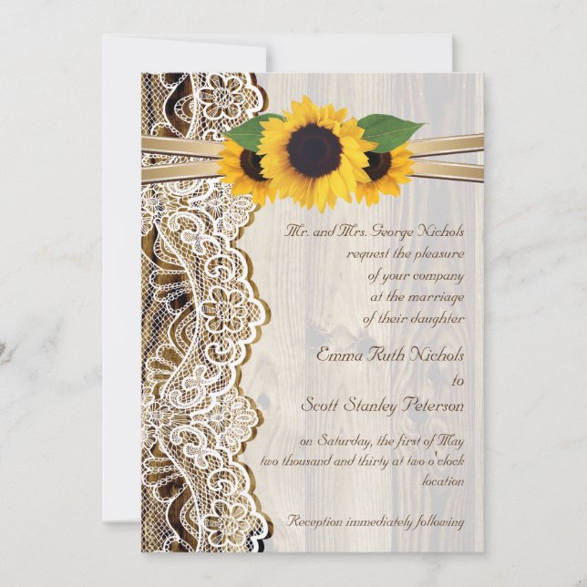 Invitation Dentelle blanche, ruban & tournesol sur mariage en (Devant)