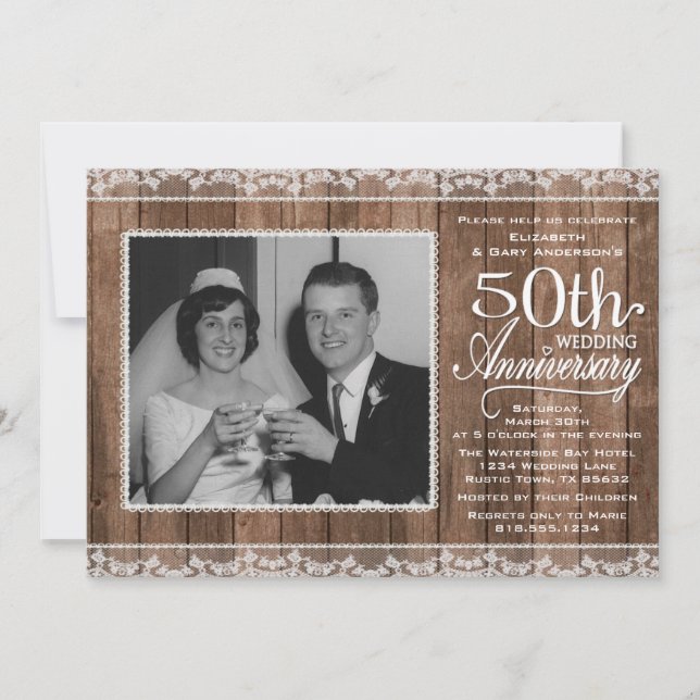 Invitation Dentelle blanche rustique et bois 50e anniversaire (Devant)