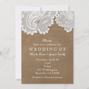 Invitation Dentelle Blanche & Suède Marron Mariage Chic Rusti
