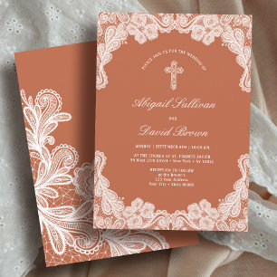Invitation Dentelle blanche sur Terracotta Mariage religieux
