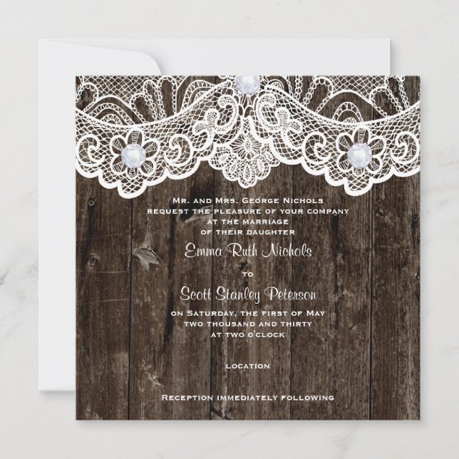 Invitation Dentelle blanche vintage sur bois brun mariage (Devant)