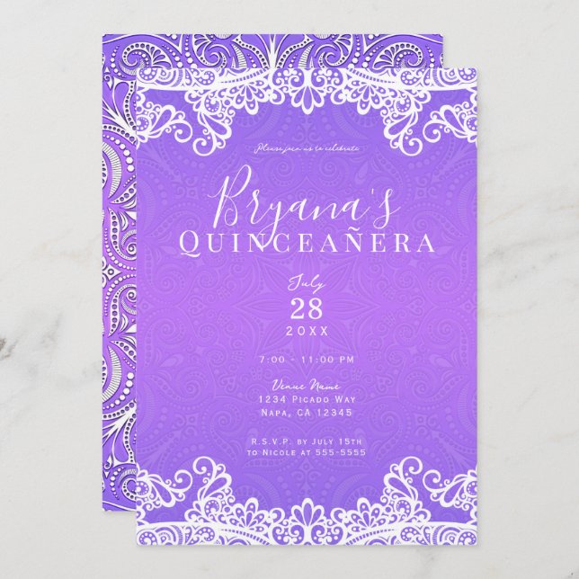 Invitation Dentelle blanche violet boho 15e Quinceañera (Devant / Derrière)