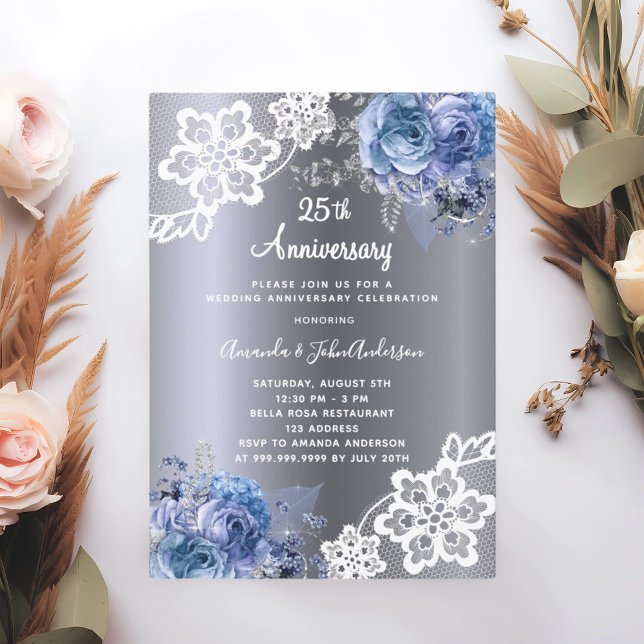 Invitation Dentelle bleu argent 25e anniversaire mariage luxe (Créateur téléchargé)