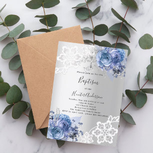 Invitation Dentelle bleu argent floraux Baptême