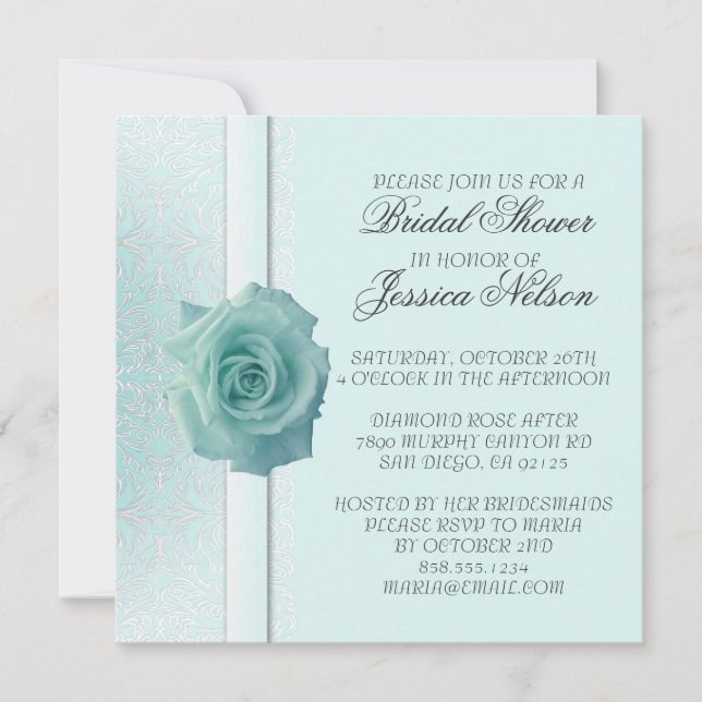 Invitation Dentelle bleu clair Damask Beauté Rose Douche Invi (Devant)
