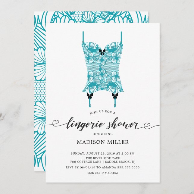 Invitation Dentelle bleu turquoise Corset Bridal Lingerie Dou (Devant / Derrière)