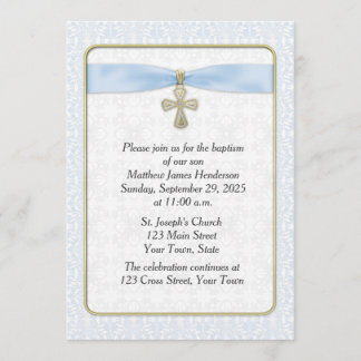 Invitation Dentelle bleue, Croix d'or, religieuse