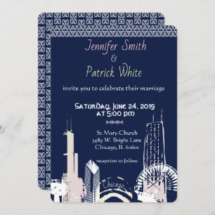 Invitation Dentelle bleue de la marine de Chicago Skyline