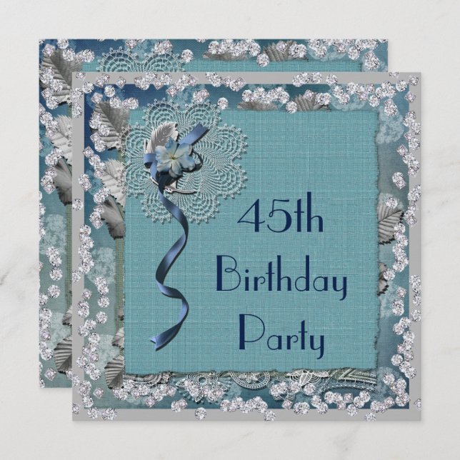 Invitation Dentelle bleue et diamants 45e anniversaire (Devant / Derrière)