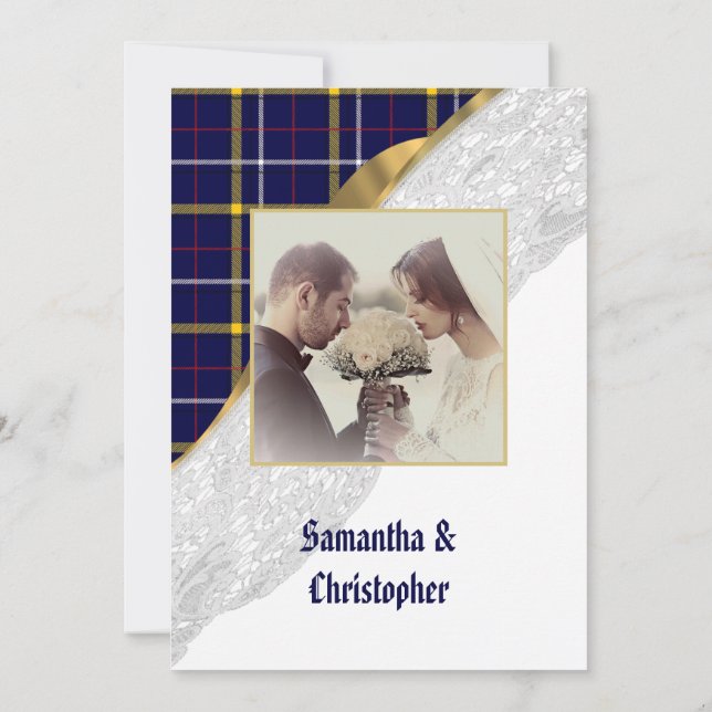 Invitation Dentelle bleue tartan plaid mariage photo invitati (Dos)