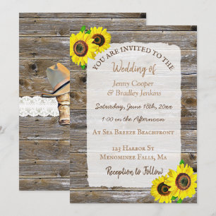 Invitation Dentelle, Bottes de cowboy et Mariage de tournesol