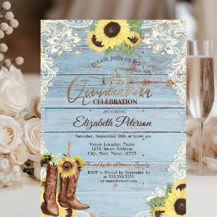 Invitation Dentelle, bottes Tournesols Bleu Bois Quinceañera 