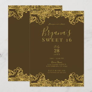 Invitation Dentelle Brown et or Élégante Sweet 16 Party