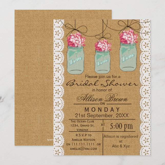 Invitation Dentelle Burlap bleu mason jarre rustique nuptiale (Devant / Derrière)