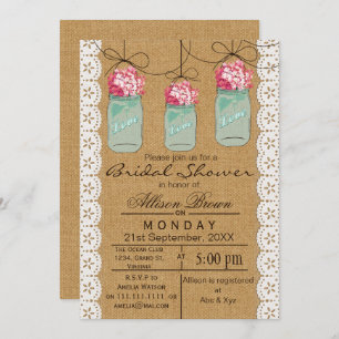 Invitation Dentelle Burlap bleu mason jarre rustique nuptiale