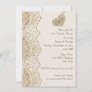 Invitation Dentelle & coeur sur burlap mariage couples douche