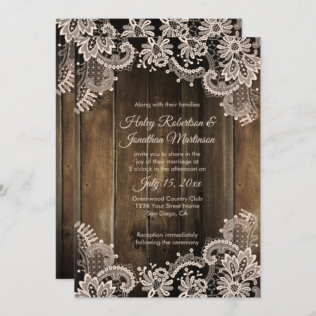 Invitation Dentelle d'antiquité rustique et Mariage en bois d (Devant / Derrière)