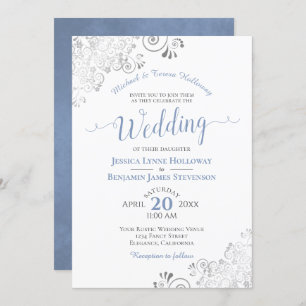 Invitation Dentelle d'argent et Mariage blanc officiel bleu p