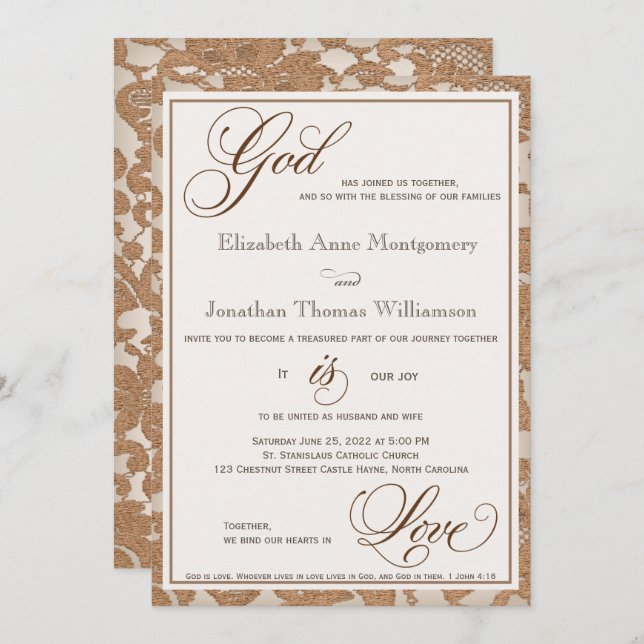 Invitation Dentelle d'automne Dieu est Amour Mariage chrétien (Devant / Derrière)