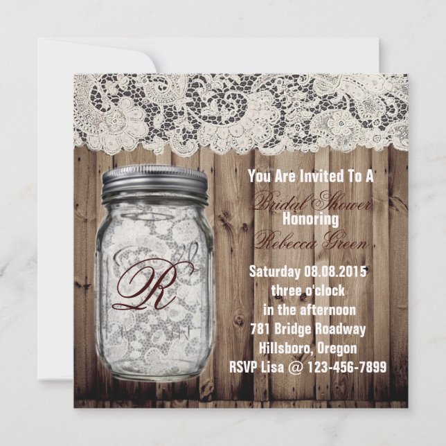 Invitation dentelle de barnwood pays mason jar nuptiale (Devant)