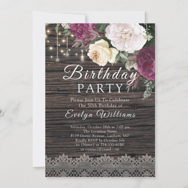 Invitation Dentelle de bois floral rustique Anniversaire (Devant)