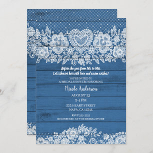 Invitation Dentelle de bois rustique bleu Fête des mariées de