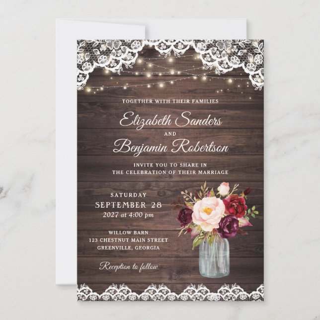 Invitation Dentelle de bois rustique Bourgogne Blush Mason Ja (Devant)