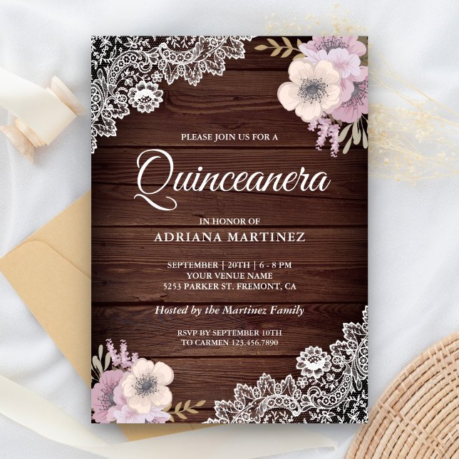 Invitation Dentelle de bois rustique Pink Floral Quinceanera (Créateur téléchargé)