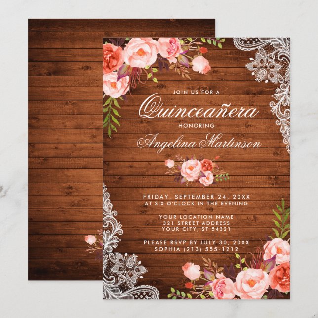 Invitation Dentelle de bois rustique Quinceanera Coral Floral (Devant / Derrière)