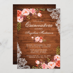 Invitation Dentelle de bois rustique Quinceanera Coral Floral