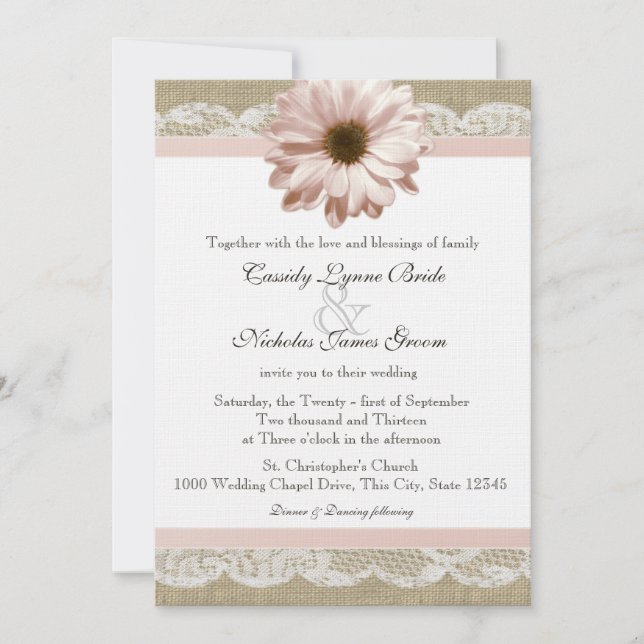 Invitation Dentelle de campagne Blush Daisy et Mariage Burlap (Devant)