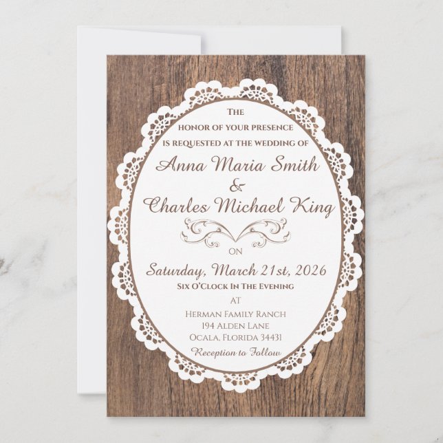 Invitation Dentelle de campagne chic sur bois sombre rustique (Devant)