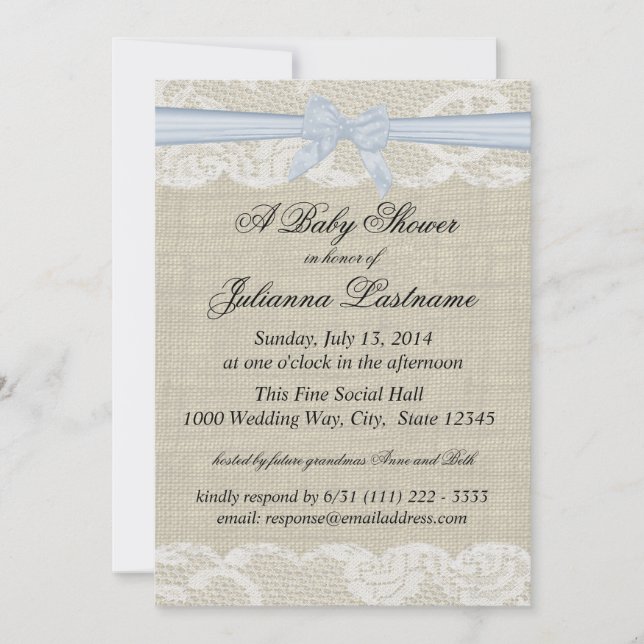 Invitation Dentelle de campagne et Burlap avec Baby Blue Bow  (Devant)