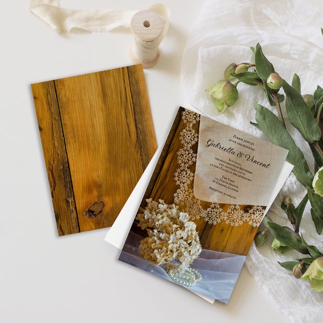 Invitation Dentelle de campagne et fleurs Mariage de grange (Créateur téléchargé)