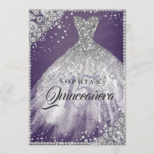 Invitation Dentelle de diamant Étincelle de Quinceanera viole
