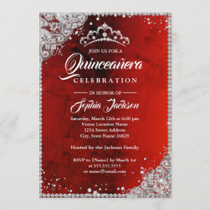 Invitation Dentelle de diamant scintillant Quinceanera rouge 