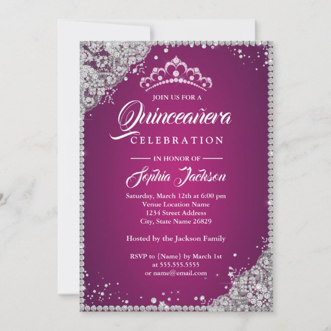 Invitation Dentelle de diamant scintillant rose argentée Quin (Devant)