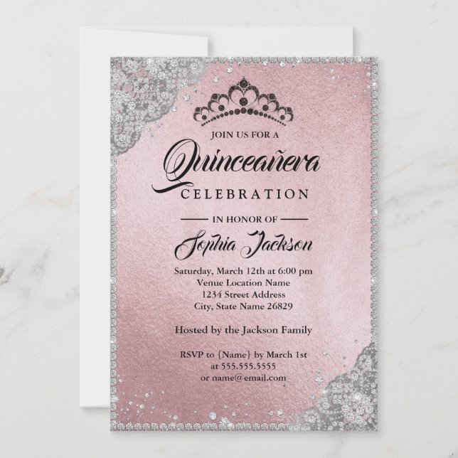 Invitation Dentelle de diamant scintillant rose argentée Quin (Devant)