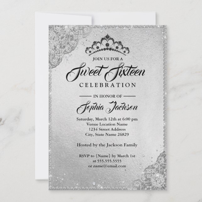 Invitation Dentelle de diamant scintillement argent Sweet Six (Devant)