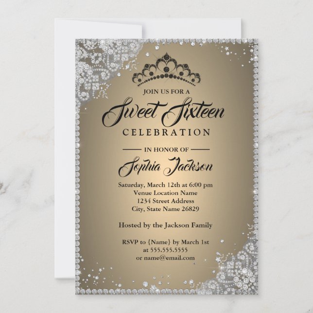Invitation Dentelle de diamant scintillement or argent Sweet  (Devant)