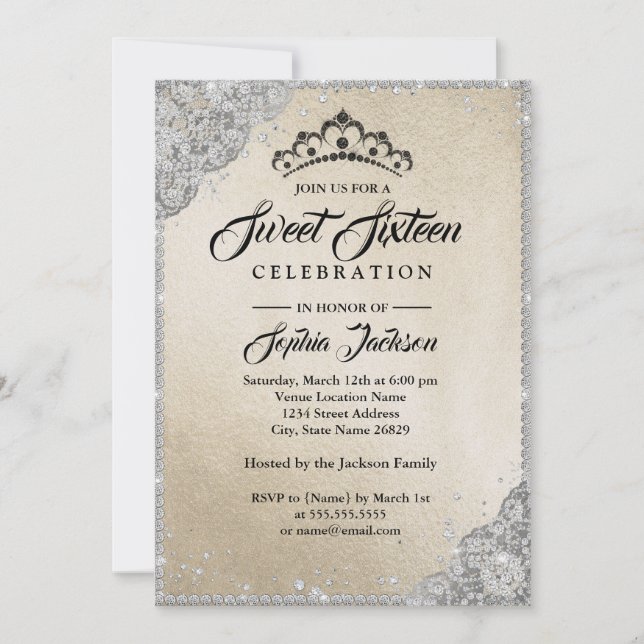 Invitation Dentelle de diamant scintillement or argent Sweet  (Devant)