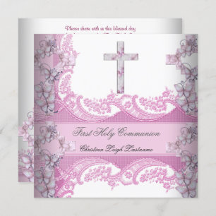 Invitation Dentelle de la première sainte communion rose