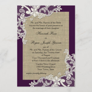 Invitation Dentelle de pays vintage design et Burlap violet