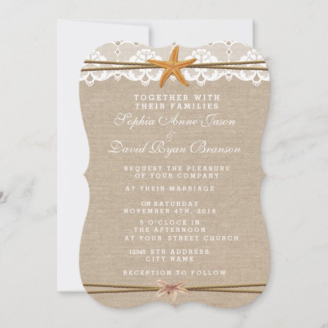 Invitation Dentelle de poisson d'étoiles de plage Rustique fa (Devant)
