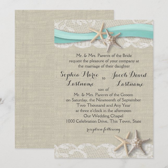 Invitation Dentelle de poisson et ruban (Devant / Derrière)