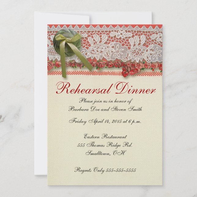 Invitation Dentelle de rose ancienne Rouge rustique victorien (Devant)
