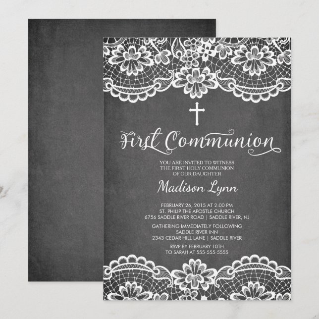Invitation Dentelle de tableau Chalkboard première communion  (Devant / Derrière)